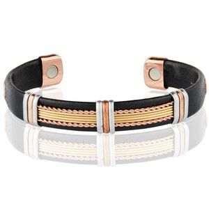 Pure Copper Leather Wrapped Magnetic Bracelet Pain Therapy Cuff Bangle Tri Tone